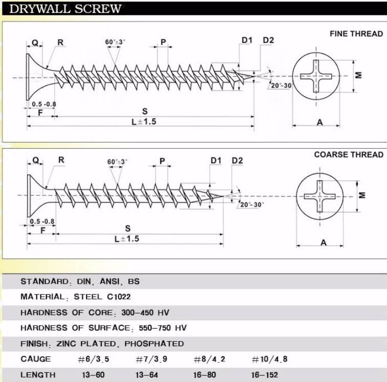 Black Phosphated Phillips Bugle Head Fine Coarse Thread Drywall Screw 3.5X25