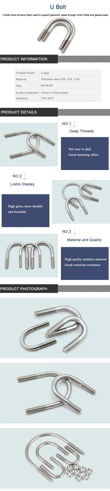 Made in China Fasteners U Bolt Bolt and Nut T Head Bolt Flange Bolt Anchor Bolt U-Bolt Lifting Eye Bolt Allen Bolt Stud Bolt U Shape Clamp Bolt Bending Bolt