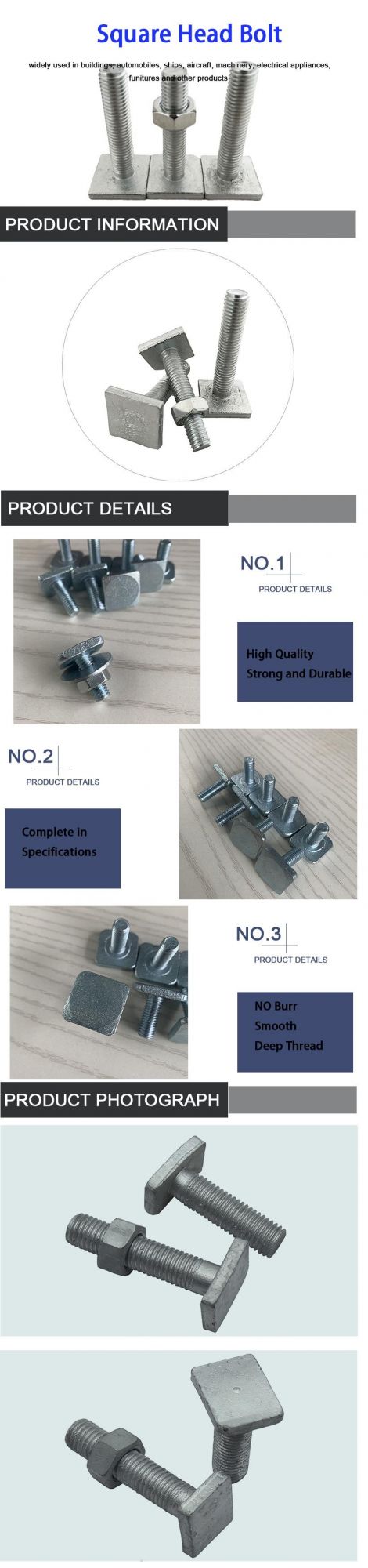 Customized Carbon Steel Zinc Plated Square Bolt Square Head Bolt
