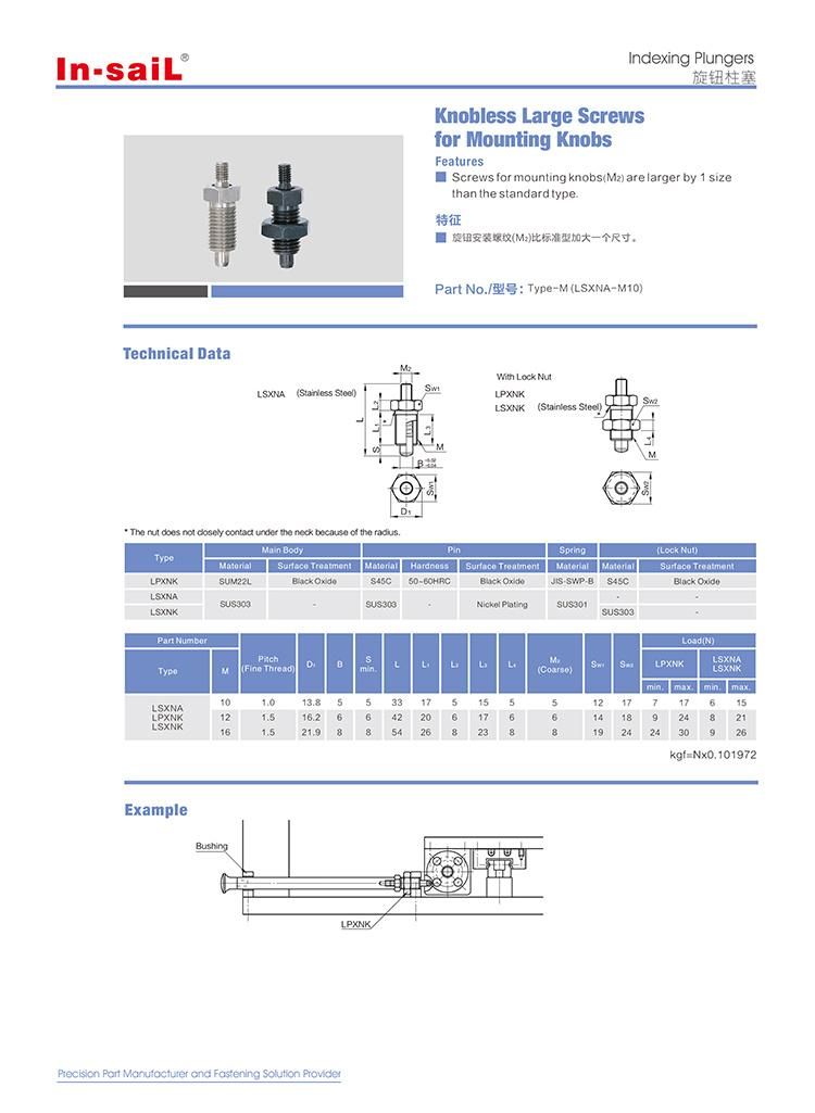 Indexing Plungers- Knobless Large Screws for Mounting Knob- Type: Sxna
