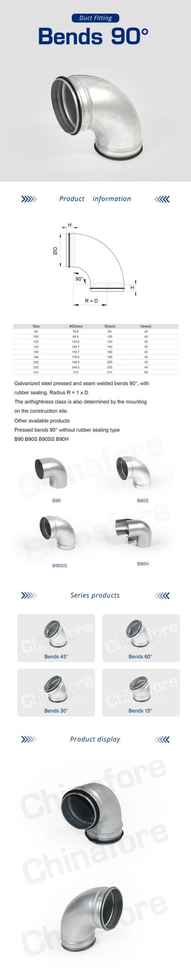 Galvanized 90 Degree Pressed Elbow Bend for HVAC Central Air Conditioning