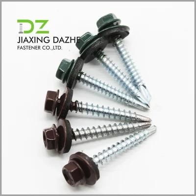Hex Head Self Drilling Screw with EPDM Washer Zinc Plated with Clour Head