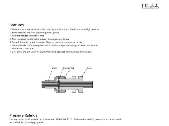 Hikelok Stainless Steel 316 304 VCR Ultrahigh Purity Metal Gasket Face Seal Fitting