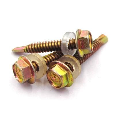 Countersunk Hex Head Self Drilling Screw with Plastic Washer in Yellow Zinc Plated