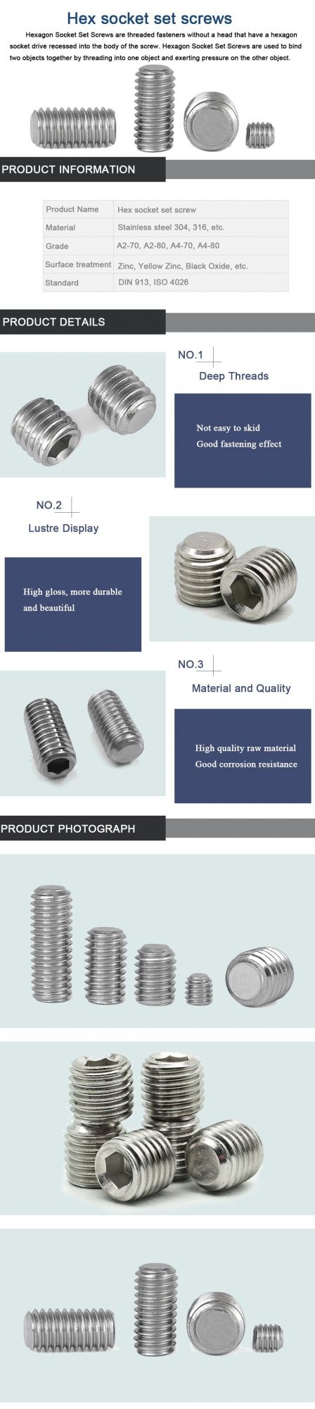 DIN 913 Stainless Steel Plain Hexagon Socket Machine Screws Allen Grub Set Screw with Flat End Point