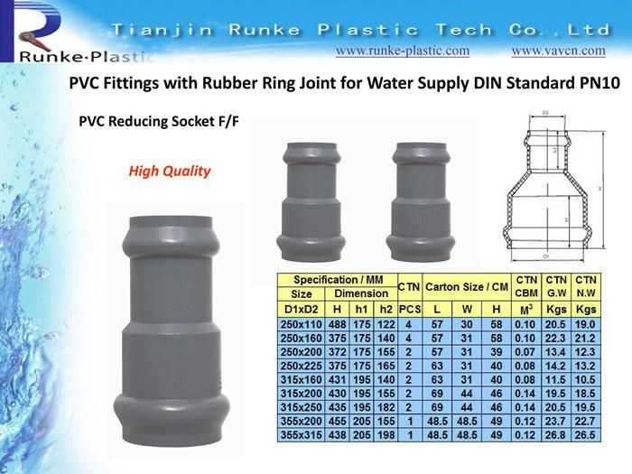 High Quality UPVC Pipe Fitting Rubber Ring Joint PVC Pressure Pipe and Fittings Plastic Pipe End Fitting PVC Plumbing Pipe Fitting for Water Supply 1.0MPa