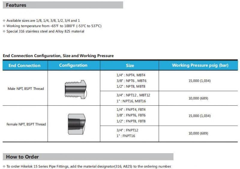 Hikelok 15000 Psi Ultrahigh Pressure Stainless Steel Conbination & Joint Fittings Pipe Fitting