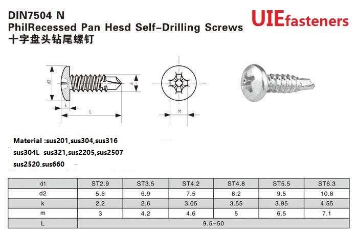 Hot Sales Stainless Steel Fasteners Screw Phillips Drives Pan Head Self Tapping Drilling Screw DIN7504n