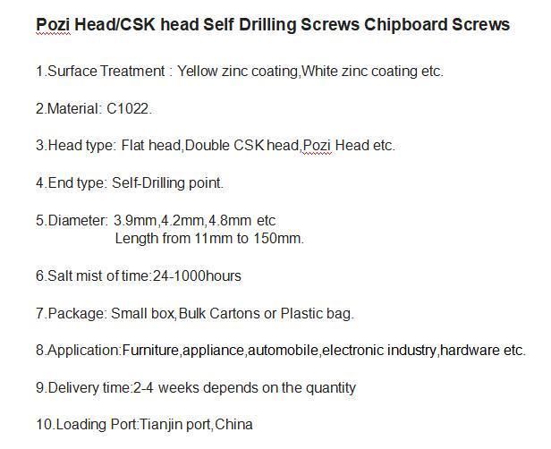 China Manufacturer C1022A/Ss Zinc Plated Self Drilling Screw/Self Tapping Screw Wood Screw/Chipboard Screw/Furniture Screw