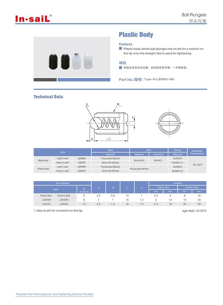 Plastic Body Series Ball Plunger- Straight Slot for Tightening Type-Bsmn