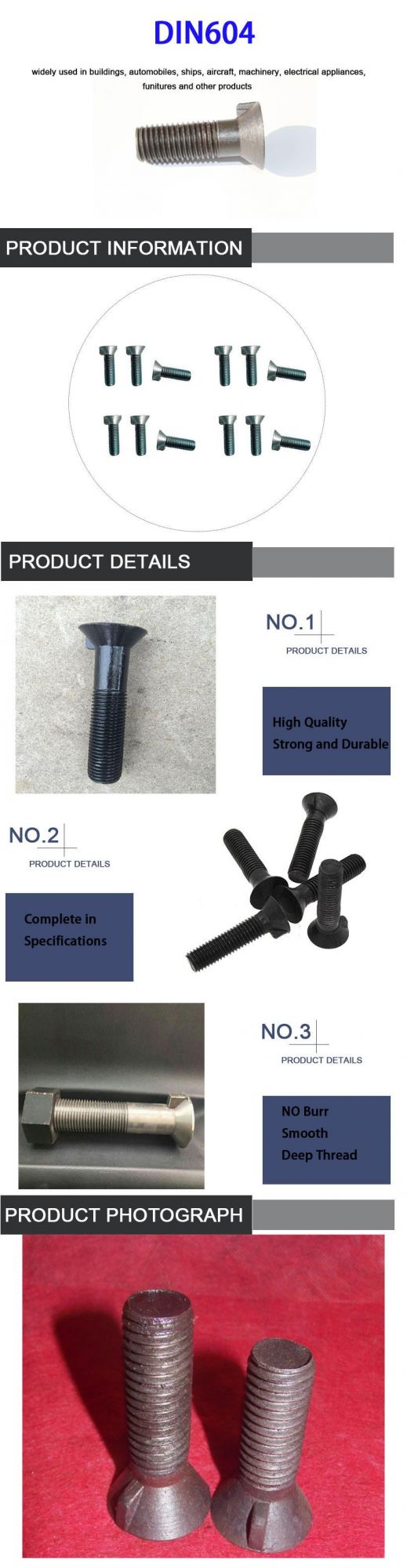Carbon Steel Black Flat Countersunk Head Carriage Nib Bolt DIN604