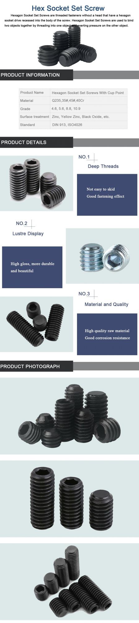 Black Oxide DIN913 45h Flat End Point Grub Screws Hex Head Socket Set Screw with High Tensile