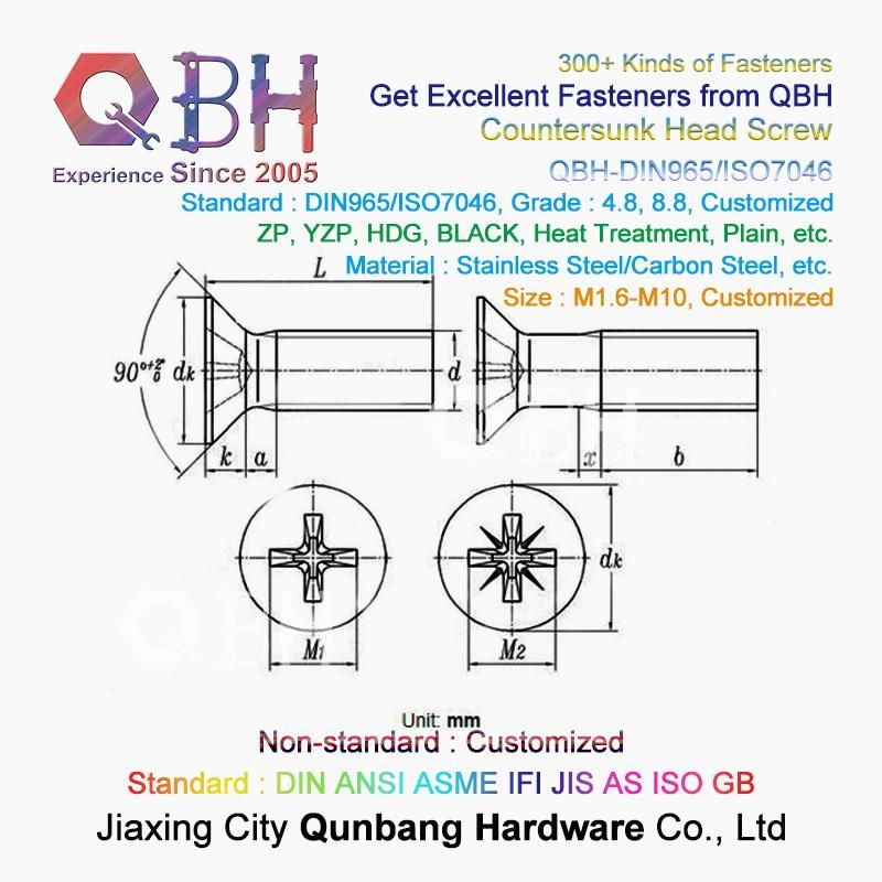 Qbh DIN965 Stainless Steel Cross Recessed Countersunk Head Machine Screw
