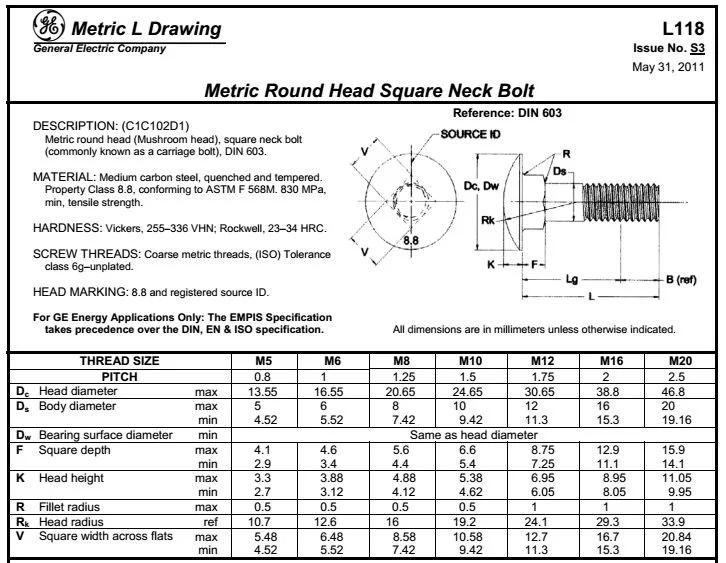 DIN603 Round Head Square Neck Carriage Bolts