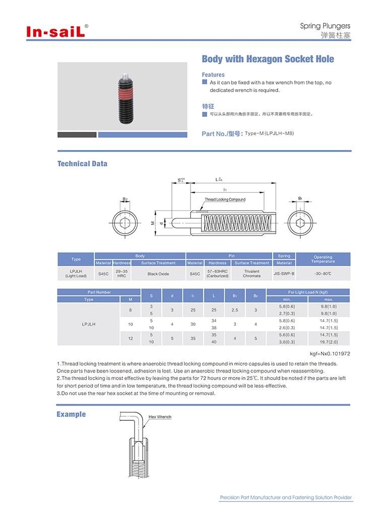 Plunger of Body with Hexagon Socket Hole Type: Pjlh