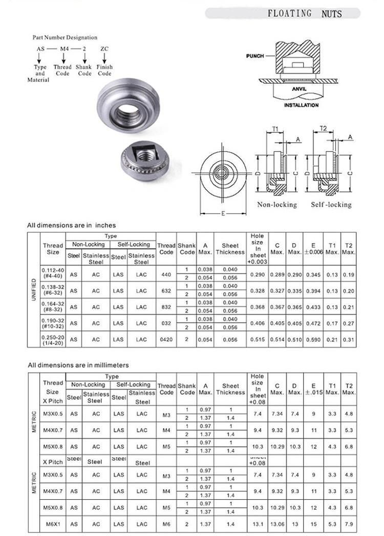 Stainless Steel M4 Lac Self Clinching Locking Nuts Floating Nuts