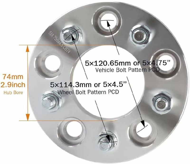 5X4.75 to 5X4.5 Wheel Spacers 1" with 74mm 12X1.5 Studs 2 Pack