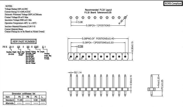 Plastic H=2.5 Connector 5.08mm Pitch Straight Plug Single Row Pin Header