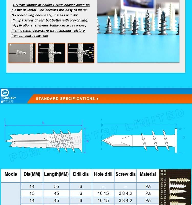 Nylon Zinc Alloy Self Tapping Drywall Anchor Self -Drilling Nylon Drywall Anchors Super Plastic Anchors Plastic Fish Anchors Drywall Anchor with Screws